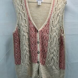 Vintage Women’s Medium cottagecore Knit pink & Cream Button-Down Cardigan Vest